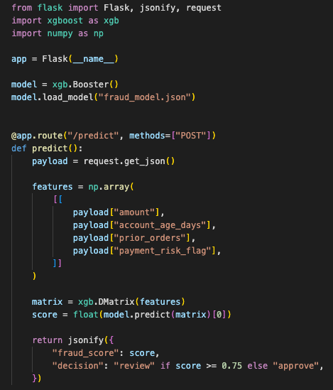 Minimal early Flask route calling model.predict from a request payload. Keep this intentionally simple to show the first working version.