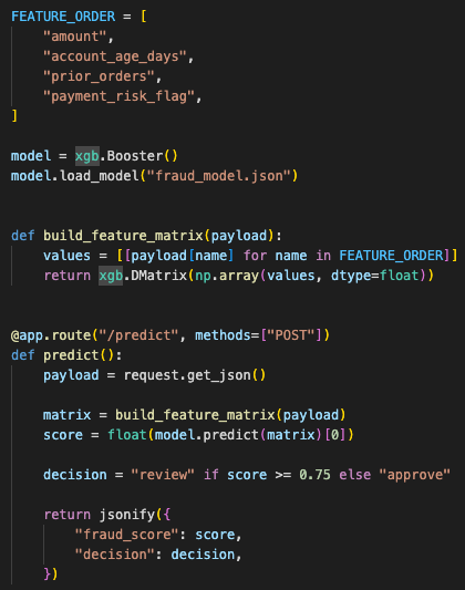 Application startup pattern showing the XGBoost model loaded once at module or app initialization, then reused by the predict route.