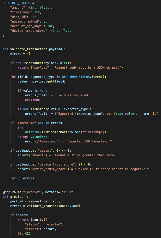 Example validation schema for transaction payload fields such as amount, timestamp, user_id, payment_method, account_age, and device signal. Show bad input returning a 422-style response.