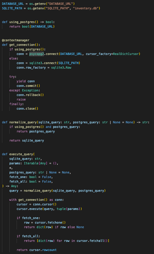 Dual database execution wrapper that switches between SQLite and PostgreSQL queries while keeping the route logic consistent.
