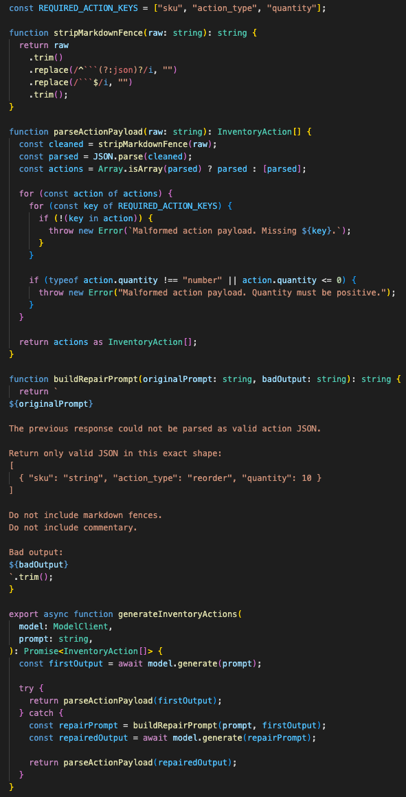 One-retry JSON correction loop for malformed action payloads, with markdown fence cleanup and required key checks.