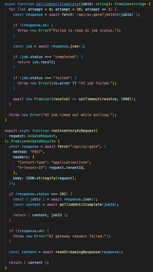 Frontend AI execution flow supporting SSE streaming, 202 polling fallback, fragmented chunk buffering, job status polling, and error handling.