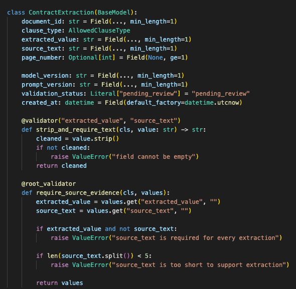 Example Pydantic schema for a contract extraction result, including required source_text, allowed clause_type values, prompt_version, model_version, and strict validation rules.