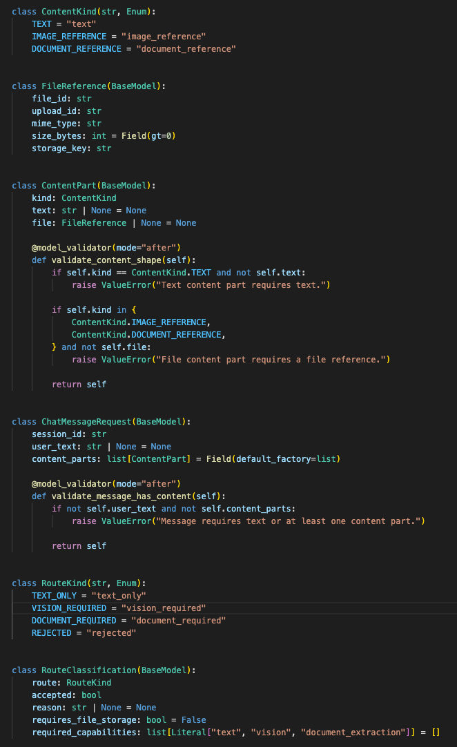 FastAPI request schema for multimodal-ready chat messages using content parts, file references, MIME type, file size, upload ID, and route classification.