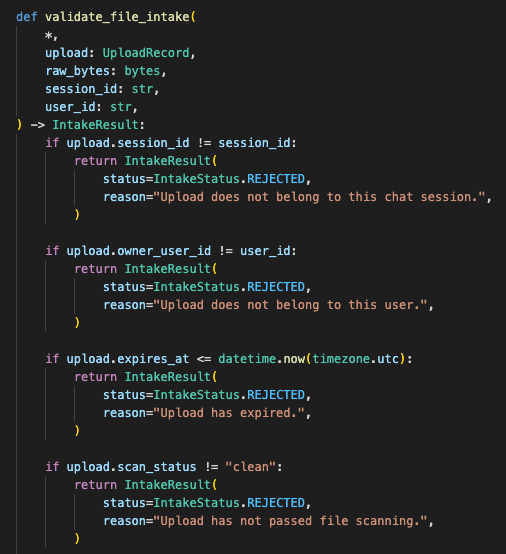 File intake validator that checks MIME type, size, decode validity, session ownership, and returns a normalized file reference for routing.