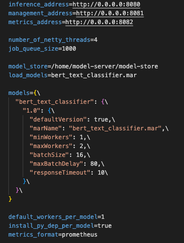 Example TorchServe model configuration using batch_size, max_batch_delay, worker count, and a custom BERT handler for tokenization and response mapping.