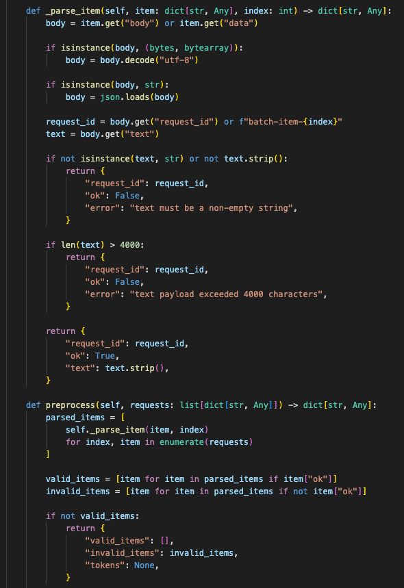 Example custom TorchServe BERT handler that validates each item, tokenizes valid inputs, preserves request IDs, runs batched inference, and returns per-item errors for invalid records.
