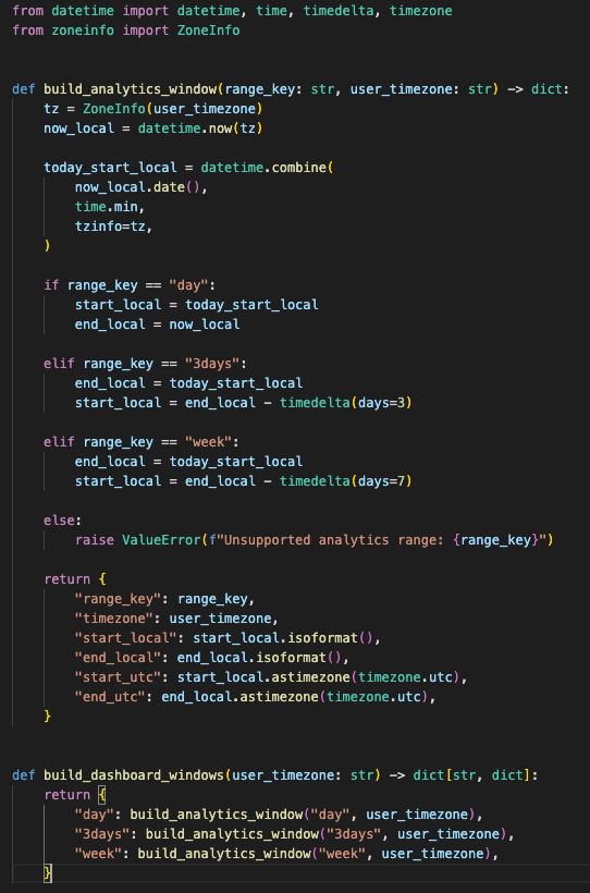 Timezone-aware window builder using ZoneInfo, local midnight boundaries, UTC conversion, and canonical day, 3days, and week range keys.