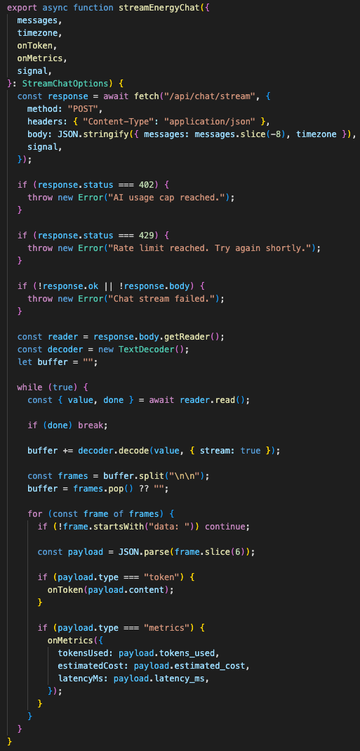 Streaming chat client with AbortController, token callback, metrics callback, buffered SSE parsing, and 402 and 429 error handling.