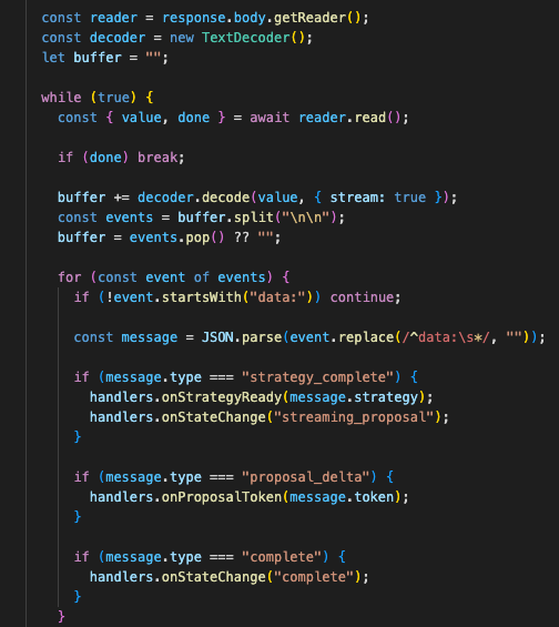 Proposal streaming client reading server-sent events, handling strategy completion, appending proposal tokens, managing loading states, and cancelling generation with AbortController.