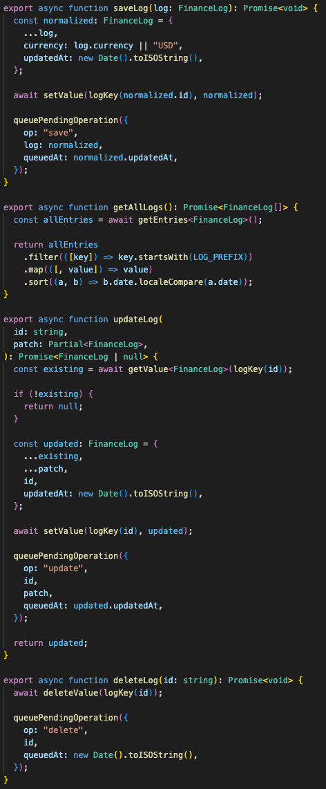 IndexedDB log storage layer with save, getAll, update, delete, clear, and bulk-add behavior.