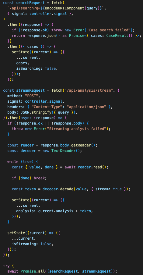 Frontend hook running case search and streaming analysis in parallel with AbortController cancellation, independent loading states, and streamed answer updates.