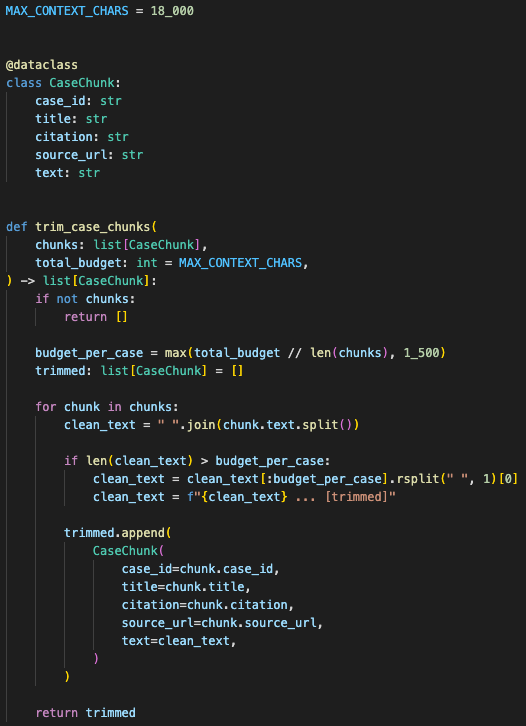 Trim chunks logic that distributes the input budget across retrieved case texts so one long opinion does not consume the entire prompt.