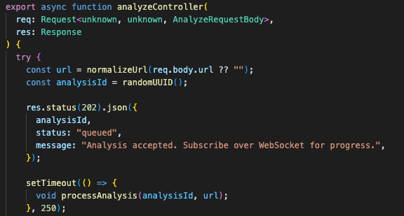 Express analyze controller returning HTTP 202 with an analysisId, then running the scraping, AI extraction, competitor analysis, and final result emission as a background job.
