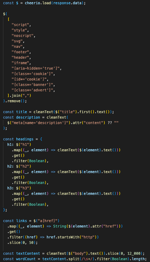 Cheerio scraping service that fetches a URL, strips noisy DOM elements, extracts metadata and body text, counts words, records load time, and caches the structured scrape result.