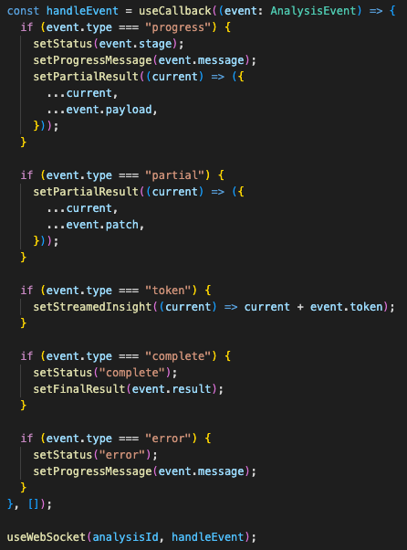 React analysis hook and WebSocket hook coordinating analysis status, progress events, partial result merging, streamed insight accumulation, cancellation, and reset behavior.