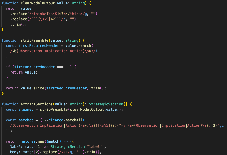 Strategic insight renderer that removes reasoning blocks, strips preamble text, extracts Observation, Implication, and Action sections, and renders a stable streamed layout.