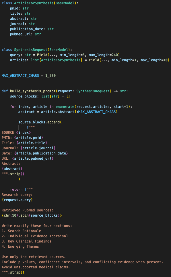 Synthesis request model with max 10 articles and prompt builder that truncates each abstract to 1,500 characters.