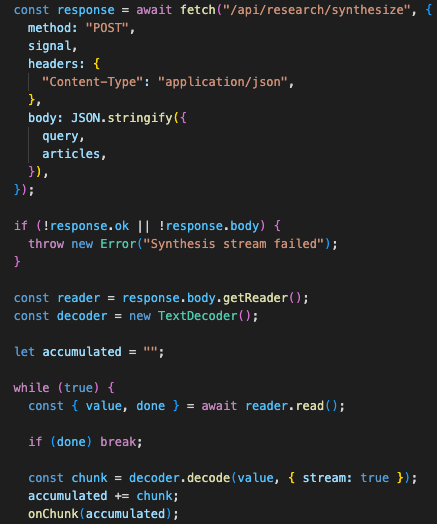 Streaming synthesis path from FastAPI StreamingResponse to frontend readable stream, accumulated text state, and abort controller.