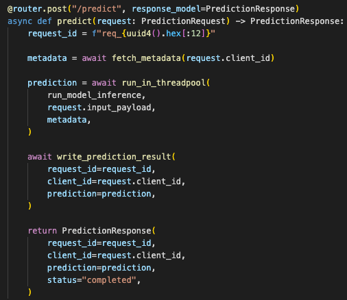 FastAPI route using a Pydantic request model, async database metadata lookup, and a synchronous inference function kept outside the event loop.