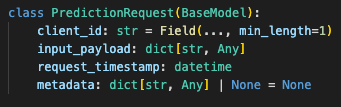 Pydantic schema showing required client ID and input payload, optional metadata, and typed fields for request handling.