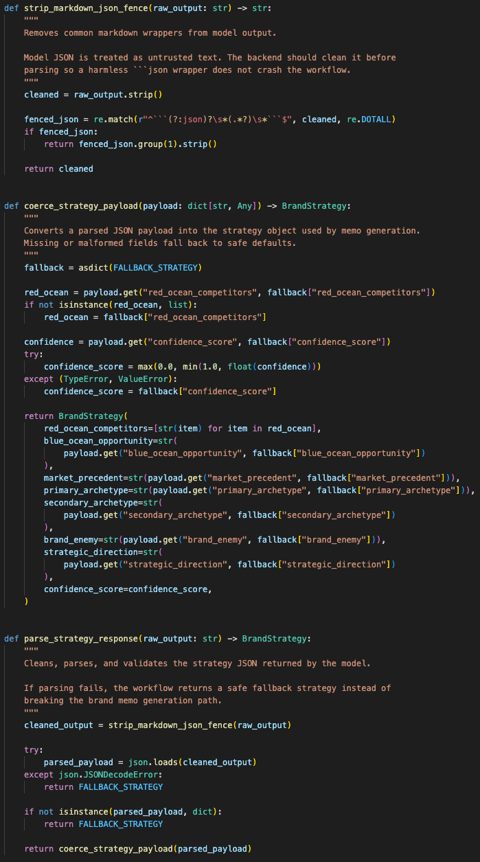 Brand strategy JSON cleanup step that removes markdown wrappers, parses the strategy object, and falls back safely when parsing fails.