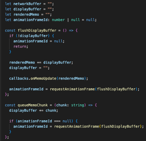 Frontend SSE rendering flow using a network buffer, display buffer, requestAnimationFrame, strategy status events, and streamed memo chunks.