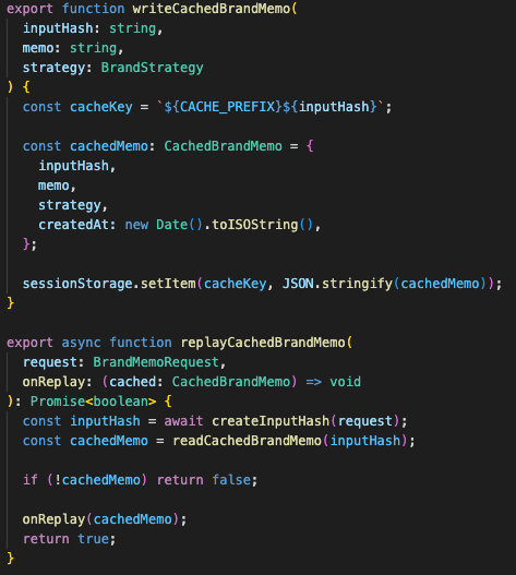 Session storage cache flow using an input hash, cached generated memo, strategy object replay, and duplicate generation avoidance.