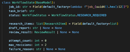 Pydantic state object for a multi-agent research workflow with task metadata, research items, draft report, review result, attempt count, status, and failure reason.