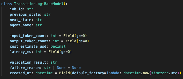 Workflow transition logger that records state changes, token usage, latency, validation result, and cost per agent step.