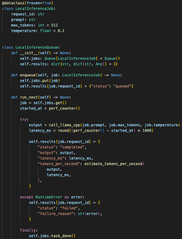 Single-worker queue that sends one prompt at a time to a local llama.cpp endpoint and records latency, token count, and stderr runtime failures.
