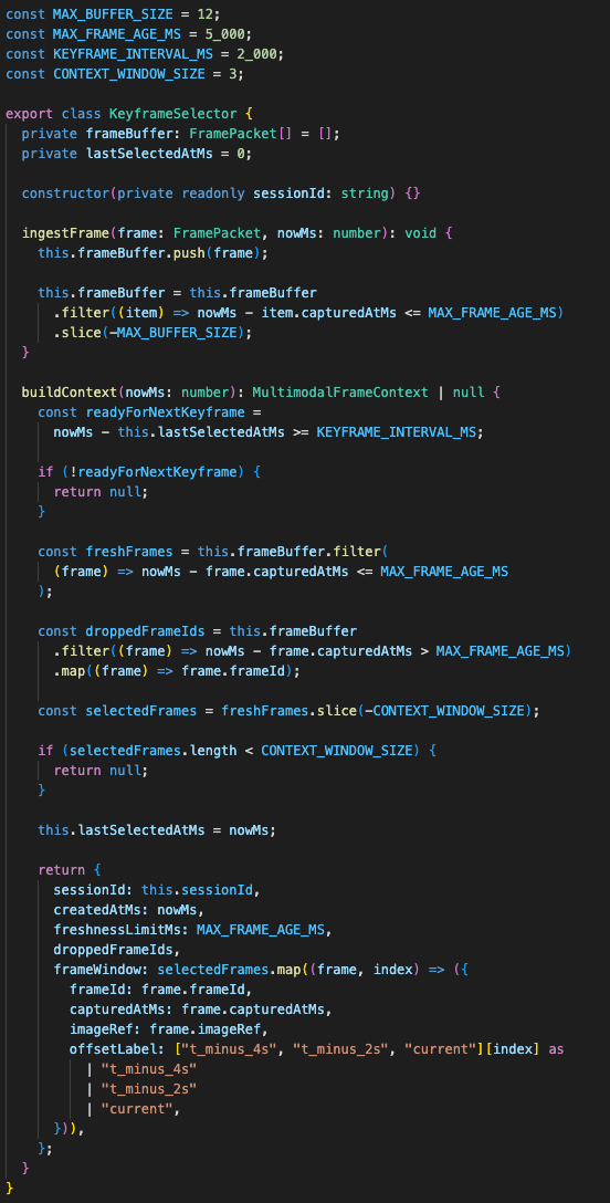 Frame selector retaining up to twelve recent frames and taking the latest three at a two-second minimum interval.