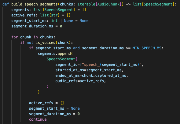 Audio segmentation excerpt closing a sufficiently long speech segment when an unvoiced chunk arrives.