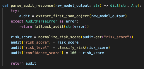 JSON isolation layer that removes markdown wrappers, finds the JSON object, parses it, normalizes risk score, and falls back safely when parsing fails.