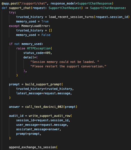 FastAPI chat handler that receives session ID and latest user message, loads trusted conversation turns from Redis, assembles the prompt server-side, calls text-davinci-002, then writes the exchange back to Redis and PostgreSQL.