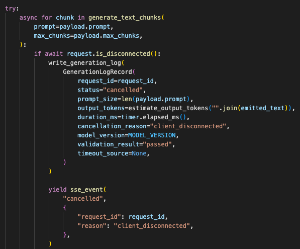 FastAPI Server-Sent Events endpoint with request validation, async chunk generator, disconnect check, and safe error event.