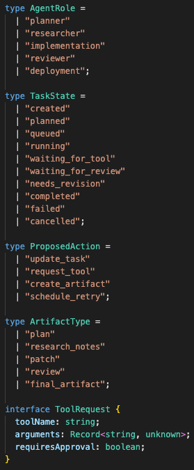 Agent proposal payload showing action, target step, proposed status, reason, artifacts, tool requests, and validation notes.