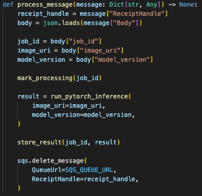 Python worker loop polling SQS, running inference, storing result, and deleting the message only after successful completion.