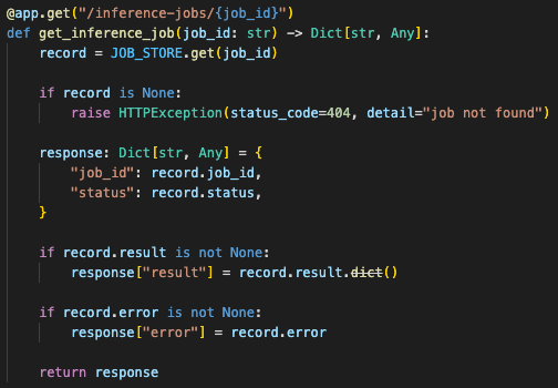Example jobs status endpoint returning queued, processing, complete, or failed with result if available.