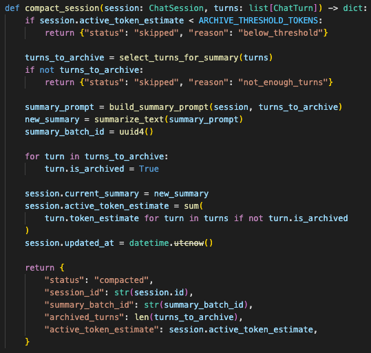 Background worker that monitors token count, summarizes older turns, updates the session summary, and marks old turns as archived.