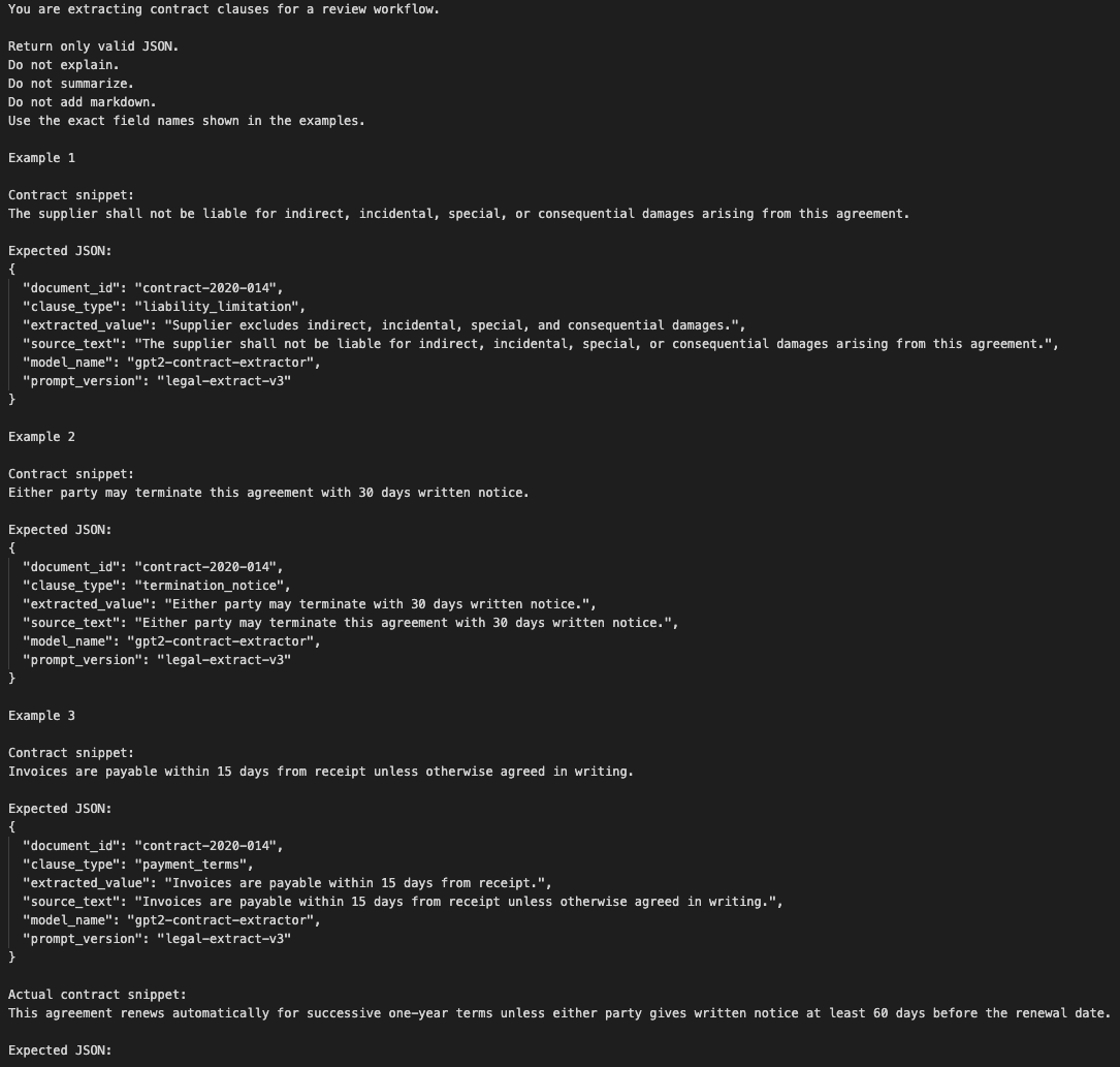 Example few-shot prompt with legal contract snippets and exact JSON outputs for liability, termination, payment terms, renewal, and governing law.